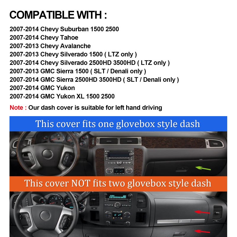 HanLanKa Dashboard Cover Dash Mat Compatible with 2007-2014 Chevy Chevrolet Tahoe Suburban,2007-13 Chevy Avalanche Silverado 1500 2500 3500 LTZ/GMC Sierra SLT Denali,2007-14 GMC Yukon XL (Brown) - Image 2